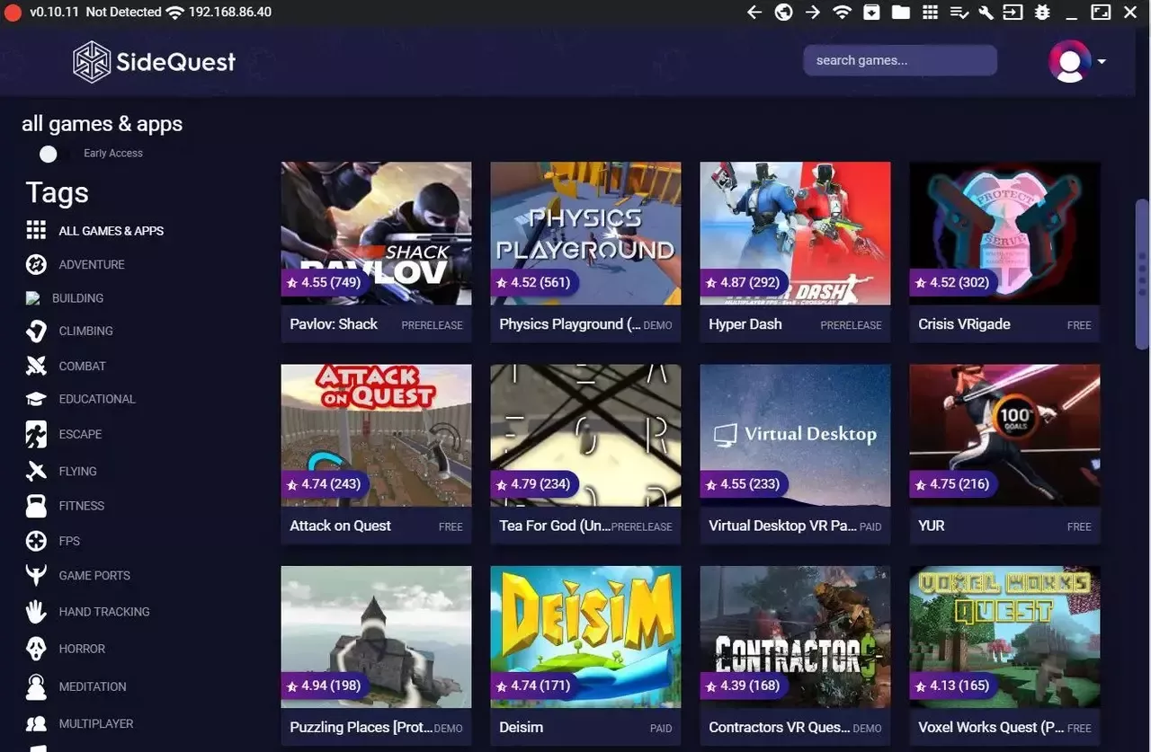 В приложении SideQuest на вашем компьютере вы можете просматривать и осуществлять поиск по всему доступному содержимому приложения